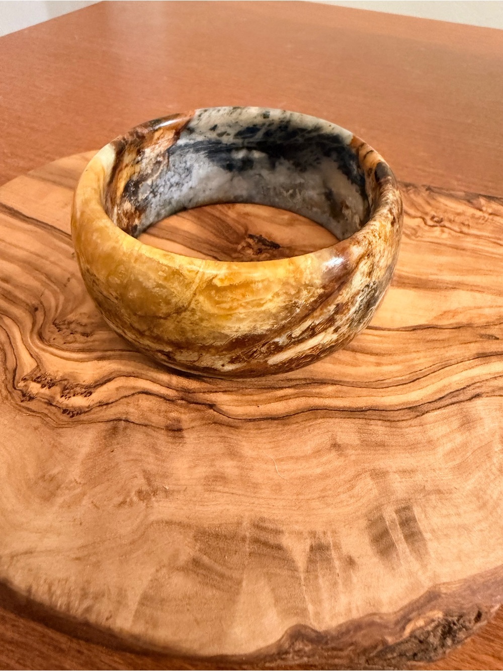 Vintage Heavy Polished Stone Bangle Bracelet Brown Cream Black 142g